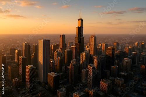 A scenic city skyline drone shot at golden hour, skyscrapers glowing, sharp urban textures, ultra realistic clarity, cinematic sunlight, clean render, noise free architecture