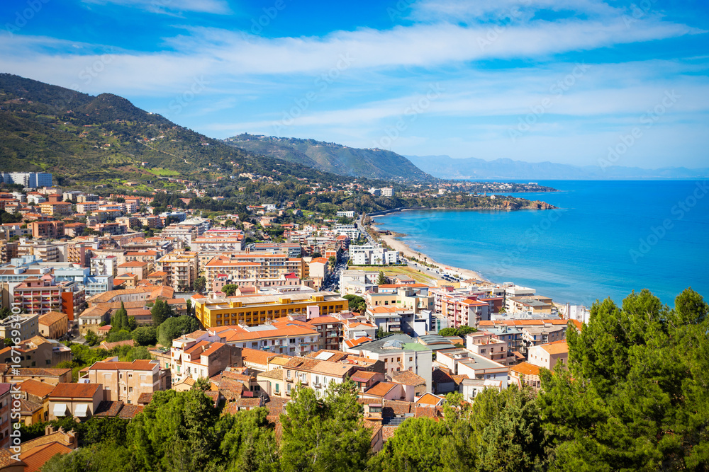 Fototapeta premium Cefalu city centre aerial panoramic view in Sicily