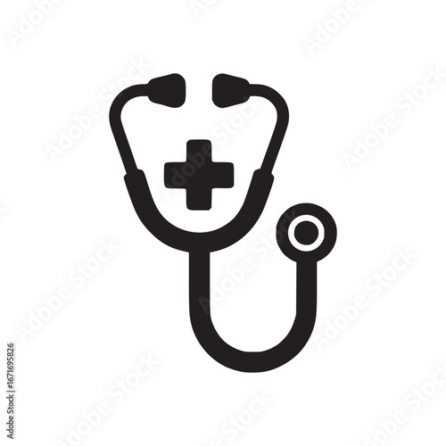 A black and white graphic illustration of a stethoscope with a cross on a white background