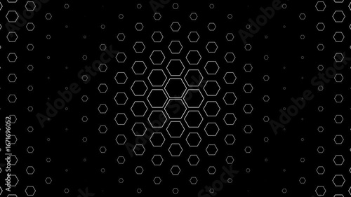 exagonal white grid recedes into depth, forming a tunnel-like perspective. Dynamic geometric layout on black background — futuristic, immersive, and clean. Great for tech or sci-fi visuals.