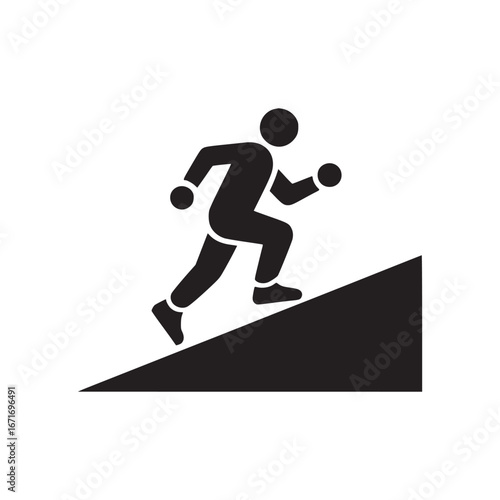Black silhouette of a person running uphill against a white background simple graphic design style