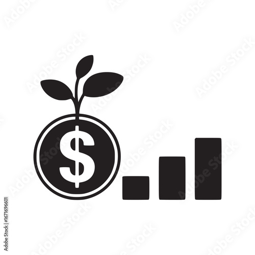 A black and white illustration of a dollar coin with a plant and a growth bar graph icon next to it