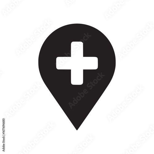 A black map pin with a white plus sign centered on a white background in a minimalist design style