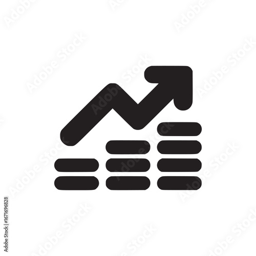 Black icon showing a rising arrow on stacked coins representing growth and financial success symbol