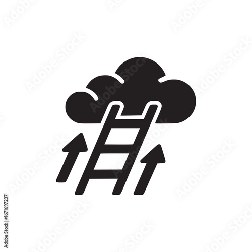 A black ladder reaching into a black cloud with two arrows pointing up on a white background