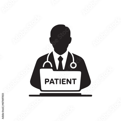 Silhouette of a doctor wearing stethoscope holding patient file on a white background vector icon