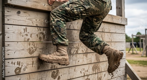 Grit and Determination: A Soldier's Climb over Obstacles at Military Training