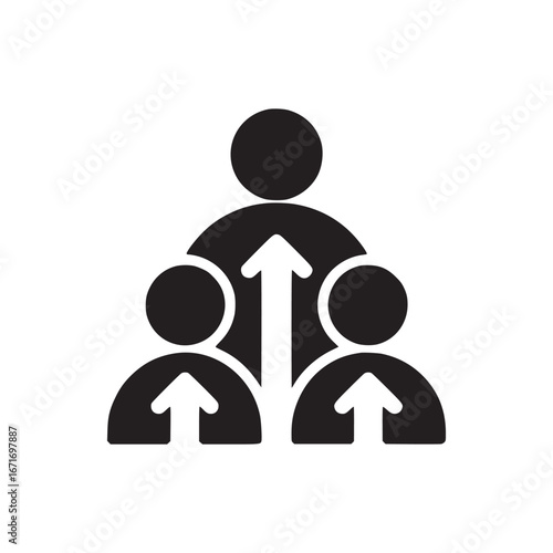 Black icon showing three people with arrows pointing upward on a white background simple design