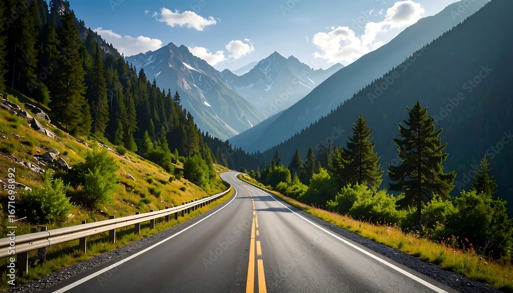 Fototapeta premium A winding asphalt road stretches through a lush mountain valley, bathed in the bright sunlight of a summer day.