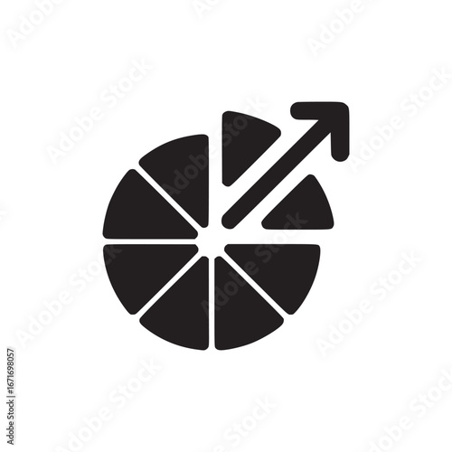 Black and white graphic of a segmented circle with an arrow pointing upwards to the right corner