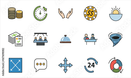 Collection of business and finance icons with a hand drawn style