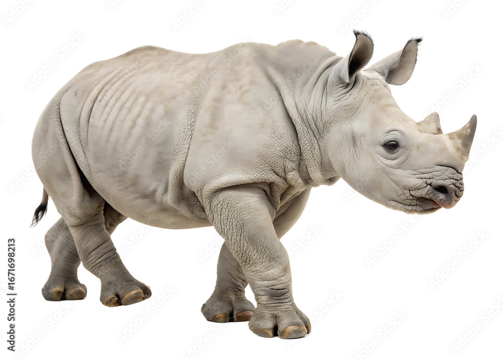 Fototapeta premium Magnificent Southern White Rhinoceros Walking Isolated on Black Background an Endangered Species with Powerful Build and Distinctive Horns Facing Right in Stunning Detail and Contrast