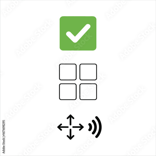 Checkmark grid and arrows with signal icons