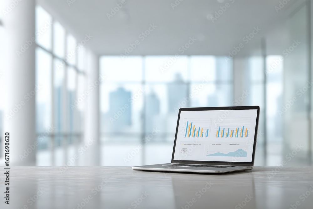 Fototapeta premium sleek laptop displaying set of colorful graphs with blurred white text bars and ar headers