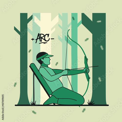 Archer kneeling in a forest aiming a bow and arrow.