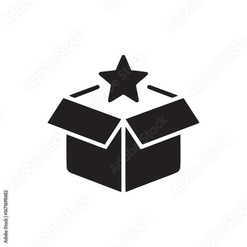 A black and white graphic of an open box with a star above it on a plain white background design