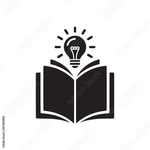 A black and white illustration of an open book with a lightbulb above it radiating light outwards