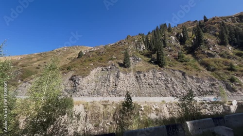 Beautiful panoramic view of a mountain gorge with coniferous forests covering the slopes. Scenic wilderness landscape with rocky cliffs, green trees, and peaceful outdoor atmosphere of untouched highl