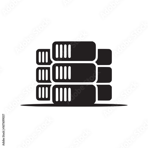 A simple graphic of a stack of three black books with white stripes on a white background design icon