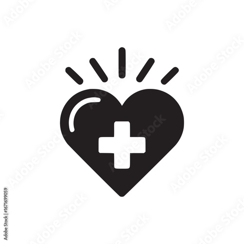 A black heart with a white plus sign inside and black lines radiating from the top of the heart