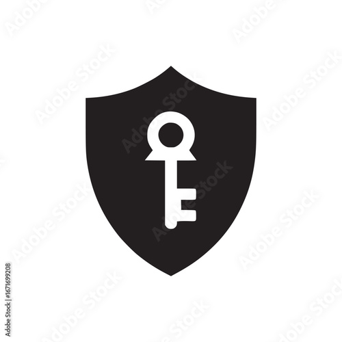 A black shield with a white key emblem centered on a plain white background for security concept