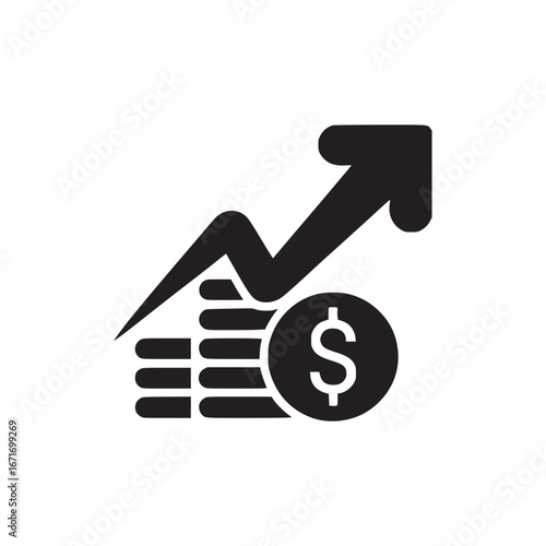 Black and white graphic illustration of coins with dollar sign and upward trending arrow symbol