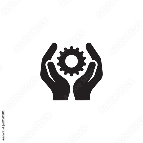 A graphic illustration of two hands holding a gear in black and white on a plain white background