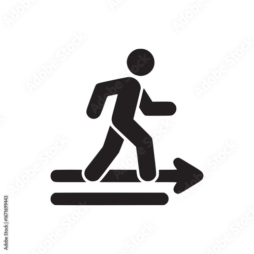 A black silhouette figure walking on a forward pointing arrow on a white background illustration