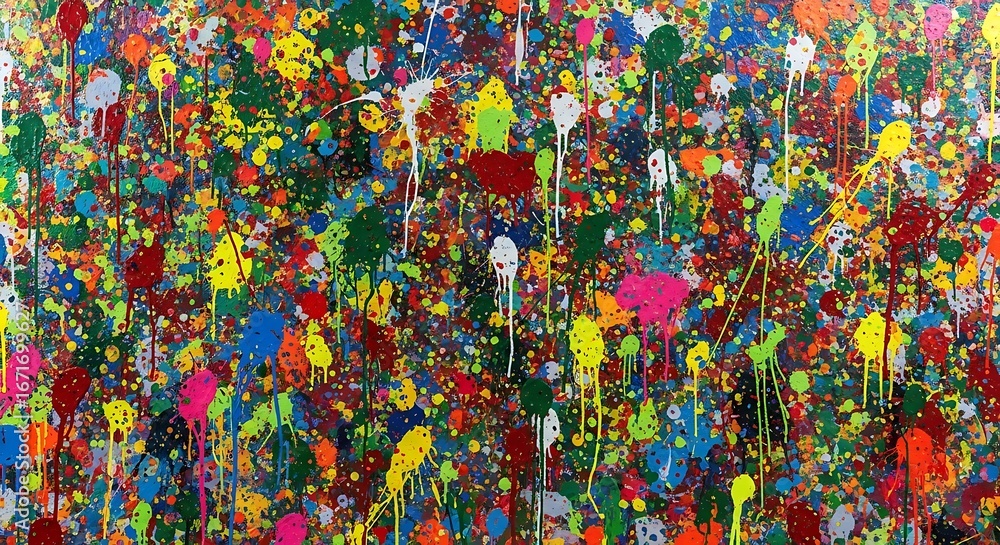 Naklejka premium Vibrant Abstract Painting with Colorful Paint Splatters and Drips.