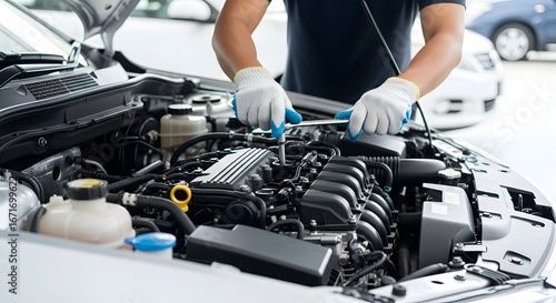 Car mechanic repairing engine in auto repair shop automotive service maintenance and diagnostics