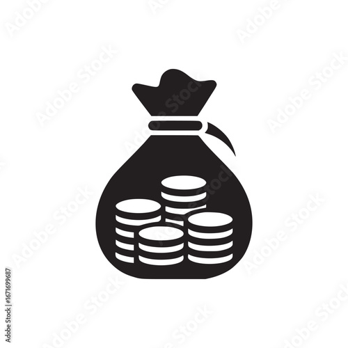 A graphic illustration of a money bag filled with stacks of coins on a white background image
