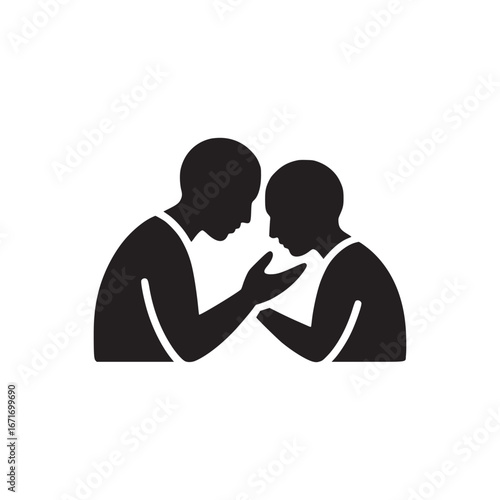 A silhouette of two people facing each other with one person comforting the other with their hand