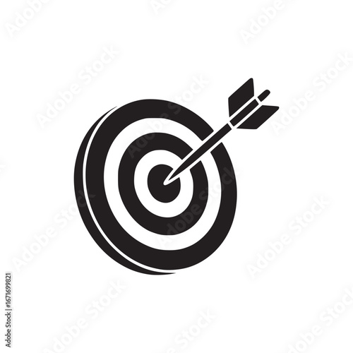 A simple black and white illustration of a target with an arrow hitting the center bullseye point