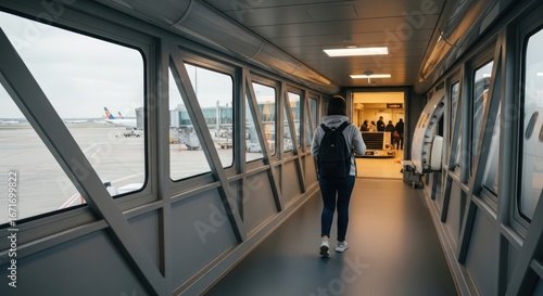 Passenger walking through airport jet bridge embarking on a journey with anticipation and
