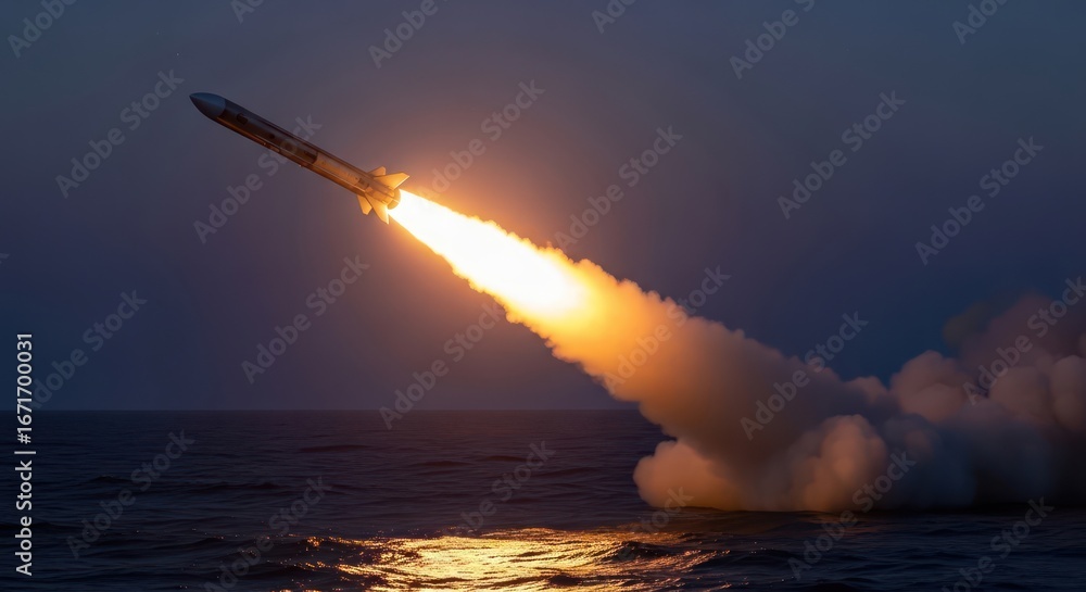 Fototapeta premium Powerful demonstration of a rocket launching from the sea under a twilight sky