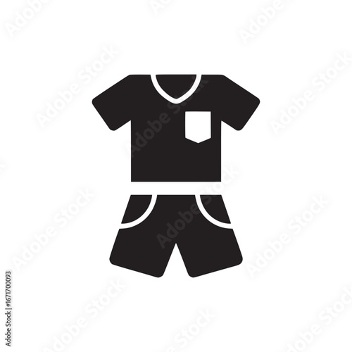 A black and white graphic of a short sleeved shirt and shorts on a white background illustration style