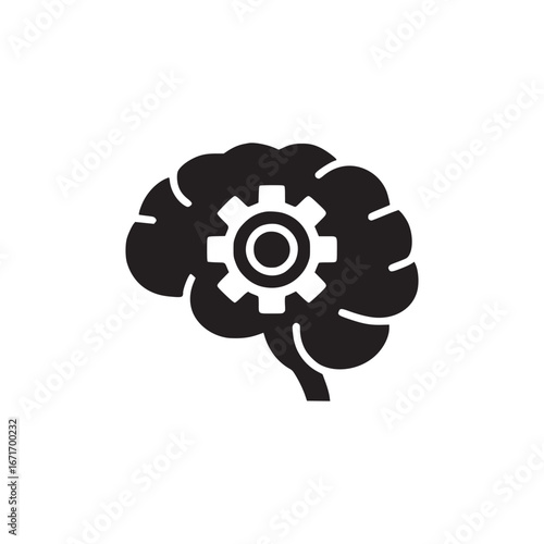 Black silhouette of a brain with a white gear inside representing thought process and intelligence