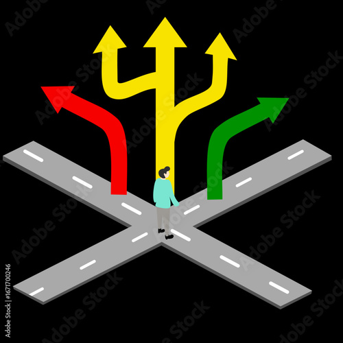 Flat vector illustration of person standing at crossroads symbolizing decision making direction and life choice