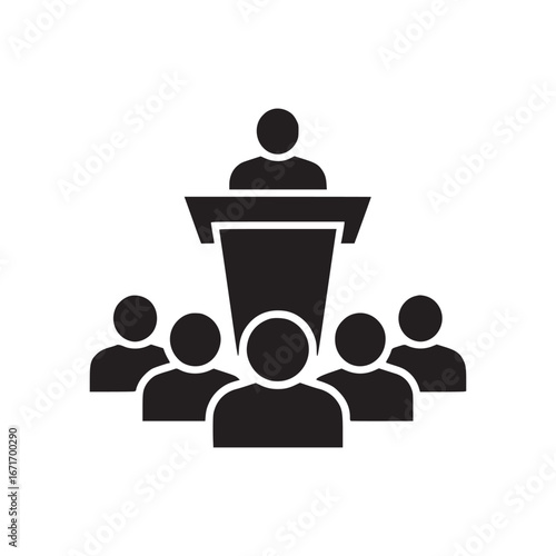 A black and white illustration of a speaker at a podium with an audience in front of them
