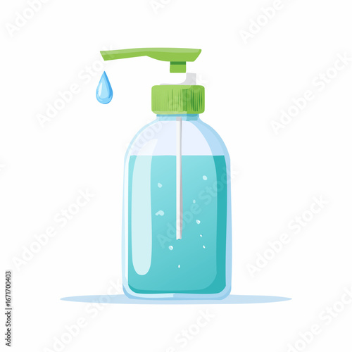 Flat cartoon vector illustration of a clear hand sanitizer bottle with a green pump dispenser