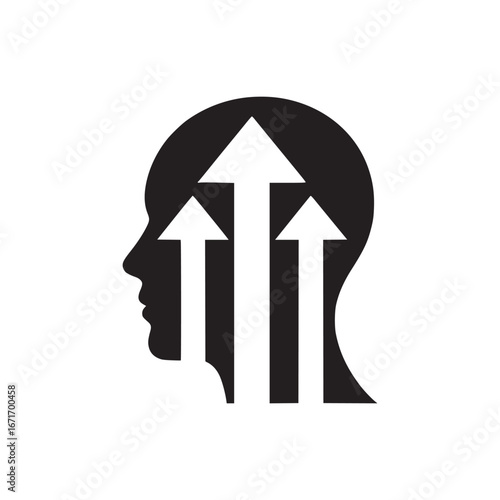 Black silhouette of a head with three white arrows pointing upwards on a white background design art