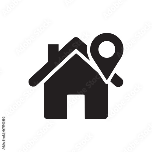 Black house icon with a location pin on a white background in a minimalist style illustration