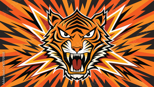 Striped Bengal tiger face vector illustration, a wild feline predator mammal with big cat eyes