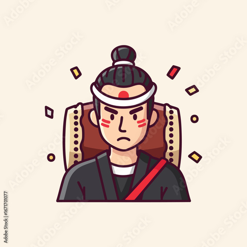 Serious Japanese man in traditional attire focused on the subject.