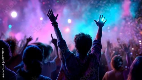 The camera captures a young person from behind, with arms raised in euphoria, immersed in the electrifying energy of a music festival. Against a vibrant backdrop of swirling pink, purple, and blue
