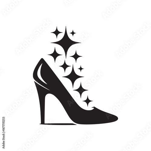 Black high heel shoe with sparkles rising above it on a white background in a minimalist style design