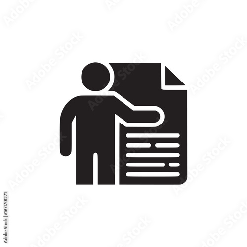 A black silhouette of a person presenting a document on a white background illustration image view