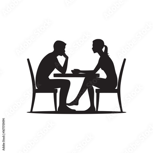 Silhouette of a man and woman sitting at a table facing each other in a black and white illustration