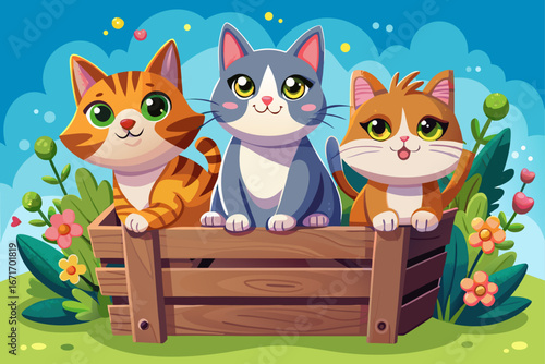 vector of Independent, calm, cuddly cats in a wooden crate