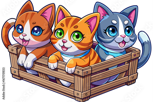 vector of Independent, calm, cuddly cats in a wooden crate
